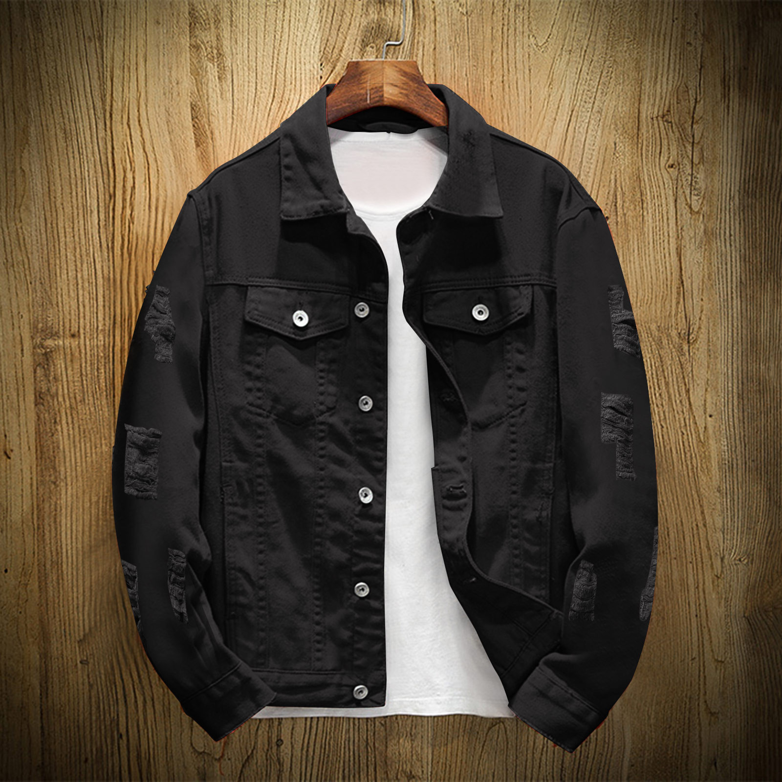 KaLI_store Men Jean Jacket Coat Denim Jacket Men's Button Down Denim Jacket Trucker Jean Coat Black,M